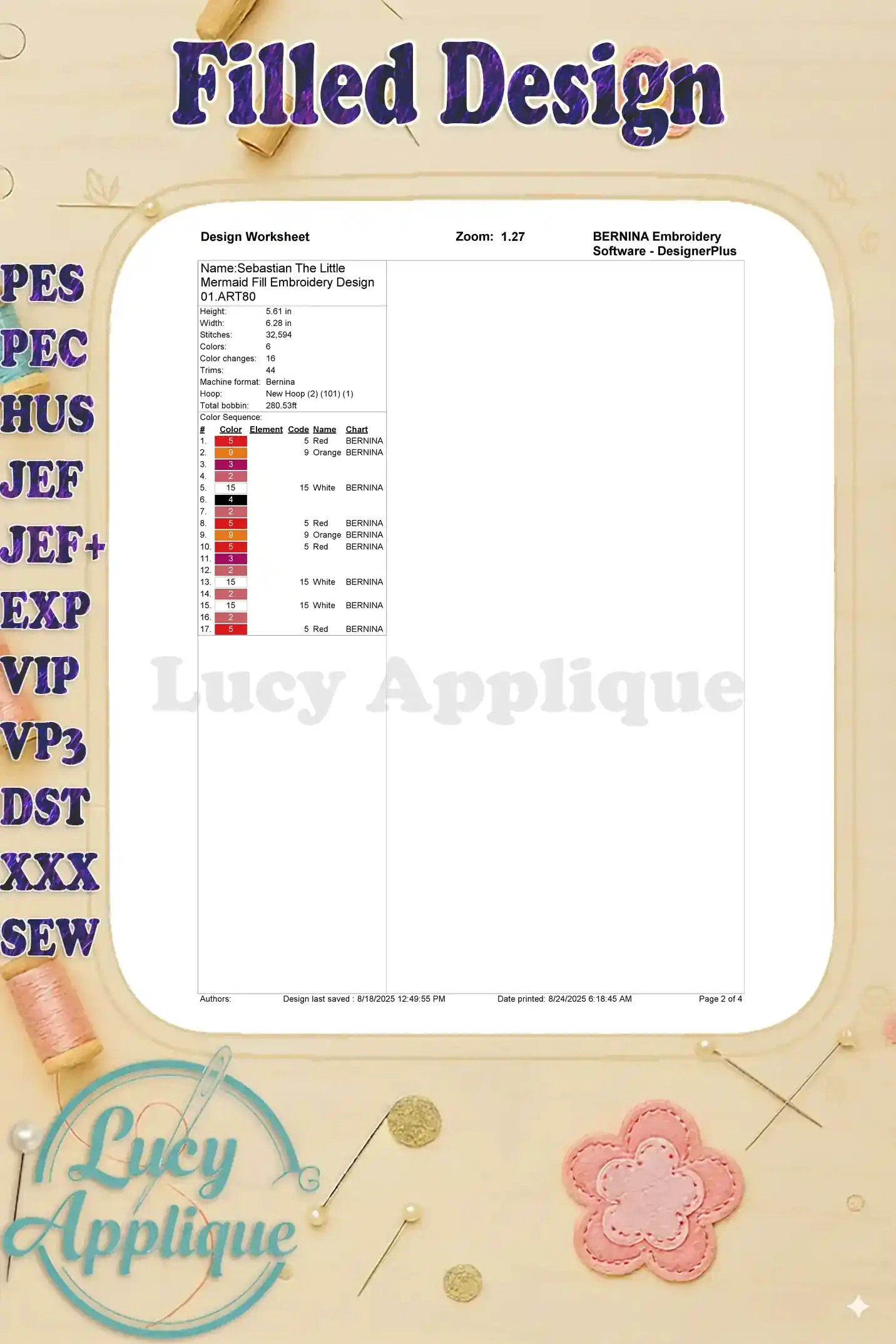 A worksheet for the Sebastian embroidery design, showing thread colors and placement details for accurate stitching. Helpful for beginners and experienced embroiderers alike.
