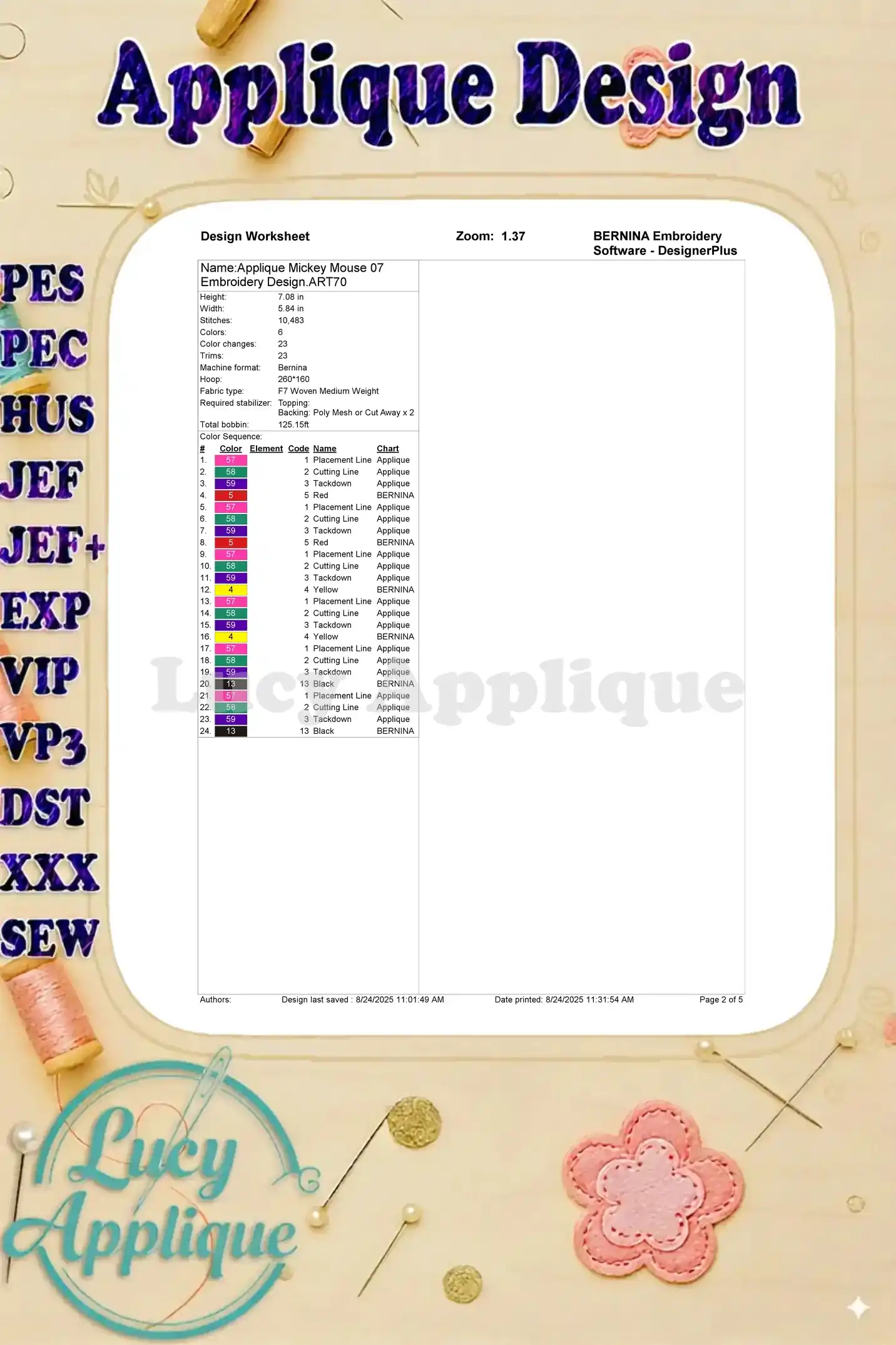 Worksheet detailing the steps and color codes for the Mickey Mouse applique embroidery design, for use with BERNINA software.