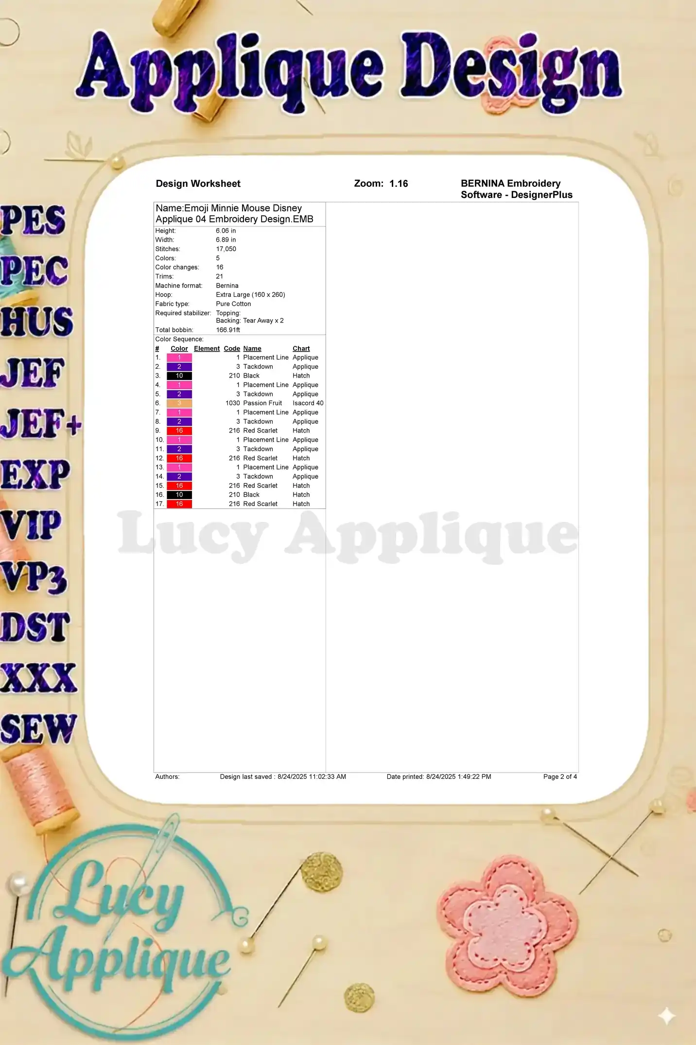 A worksheet provides detailed information for the Emoji Minnie Mouse embroidery design, including stitch counts, color codes, and other essential details for successful embroidery.