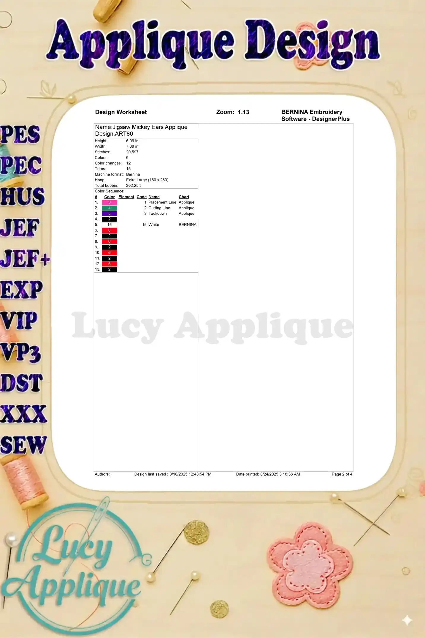 Design worksheet for the Jigsaw Mickey Mouse applique, providing details like stitch count, color changes, and placement guidelines for accurate embroidery.