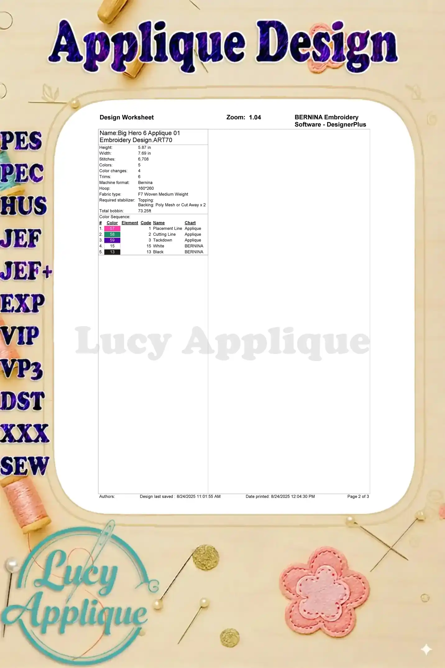 Worksheet for the Baymax applique embroidery design, showing details like stitch count, color changes, and material requirements.