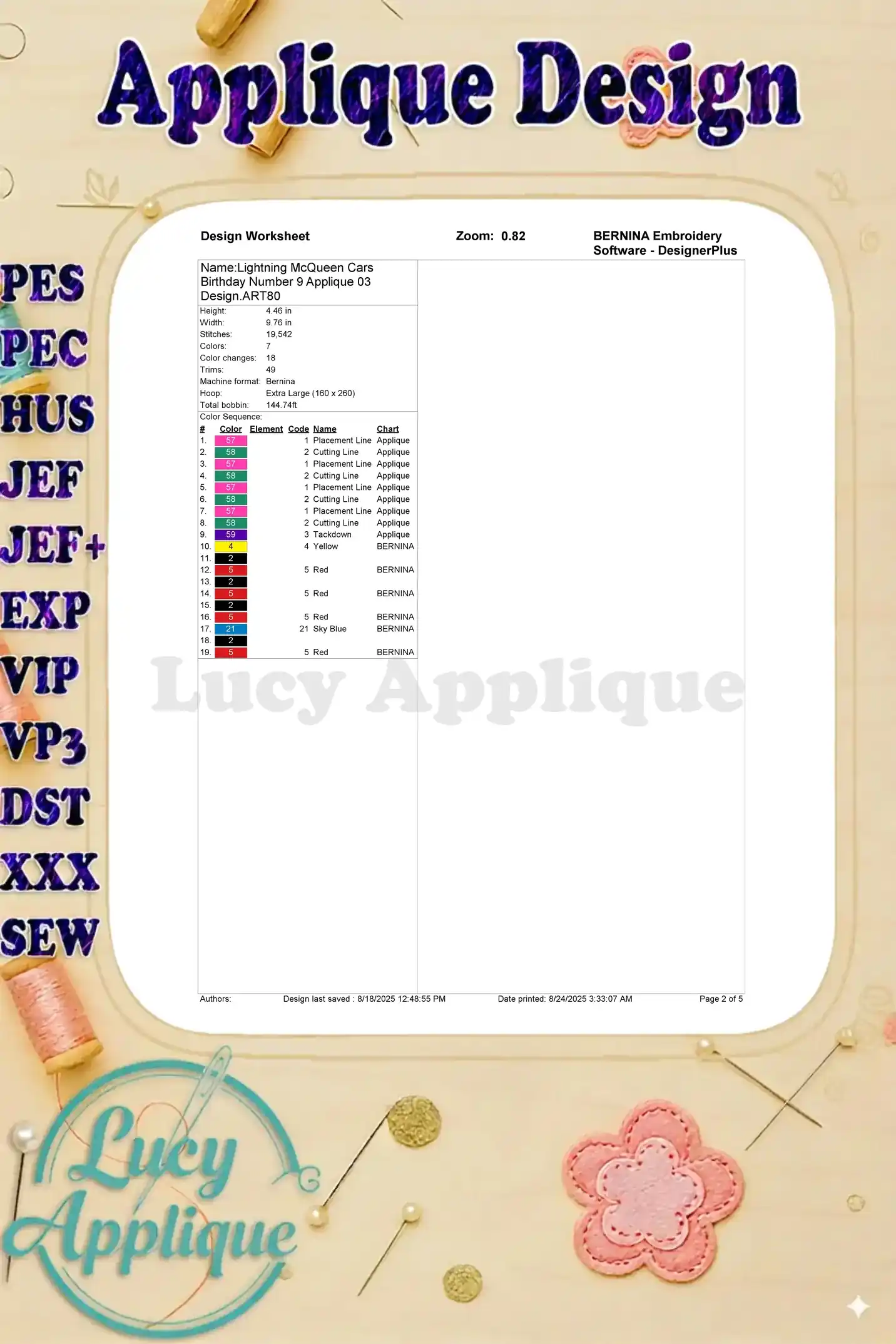 A worksheet detailing the steps and color codes for the Lightning McQueen 9th birthday applique embroidery design. Includes color chart and thread usage.