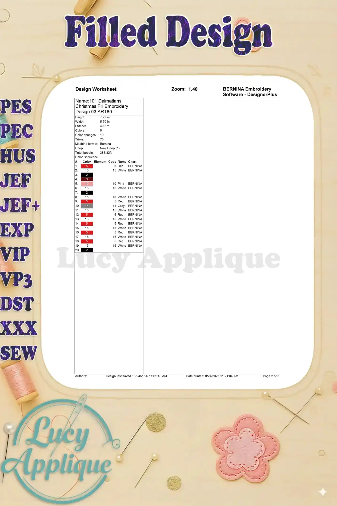 Design worksheet for the Dalmatian Christmas embroidery design, showing color codes, thread amounts, and other relevant information.