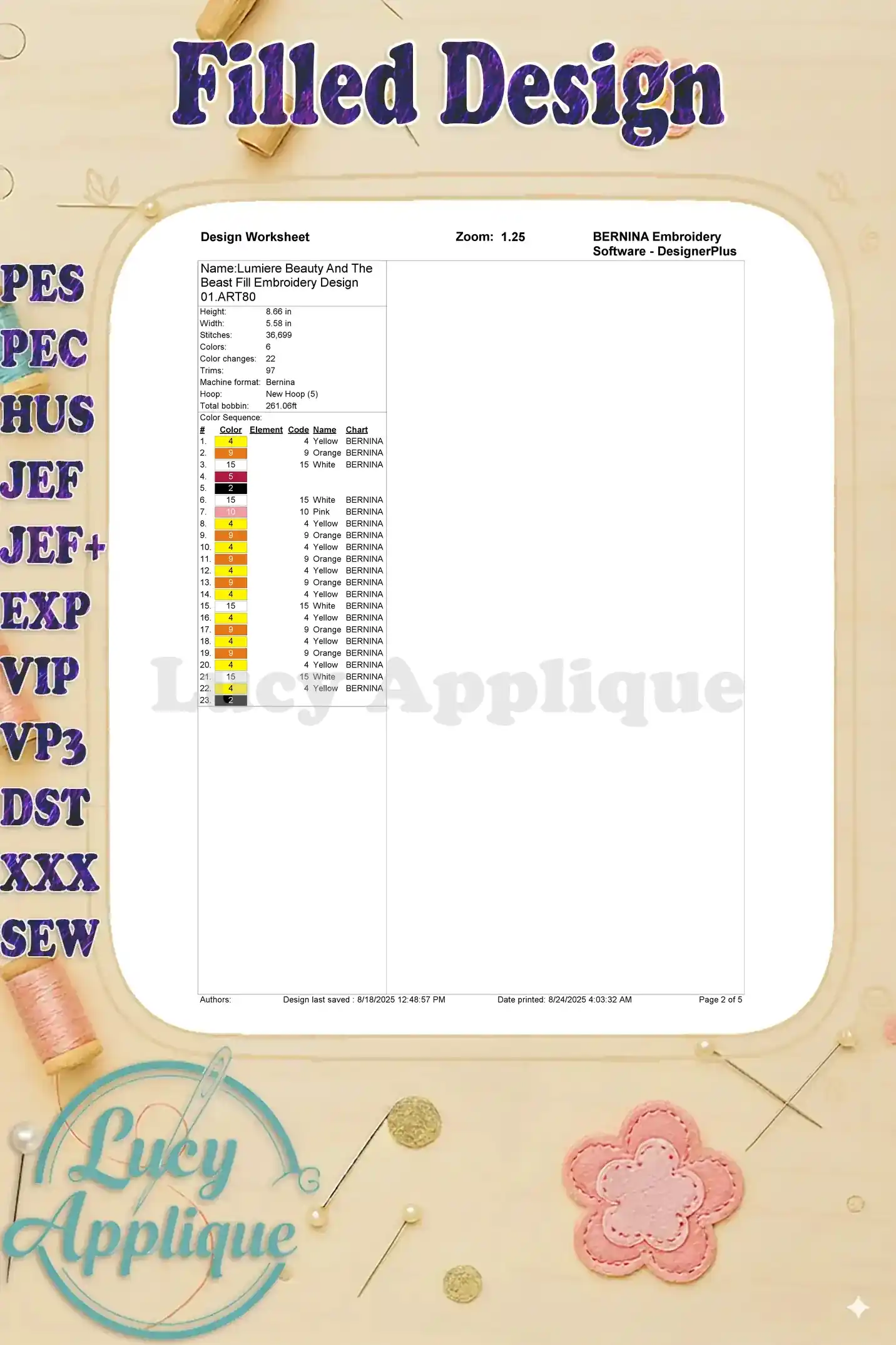 A worksheet providing a color chart and other essential details for the Lumiere embroidery design, including thread counts and BERNINA software information.