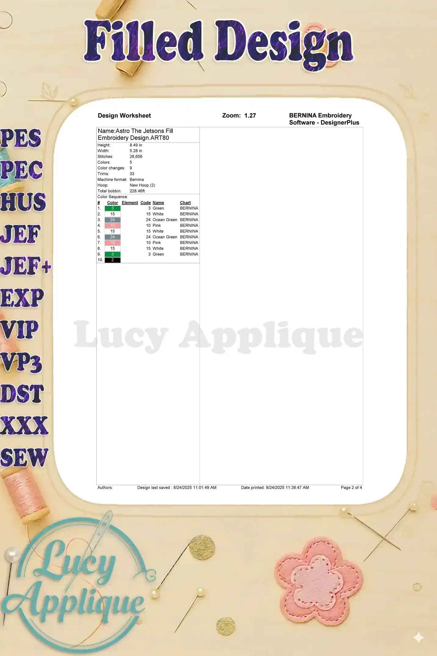 Design worksheet for the Astro the Jetsons filled embroidery design, showing thread colors, stitch count, and other relevant information.