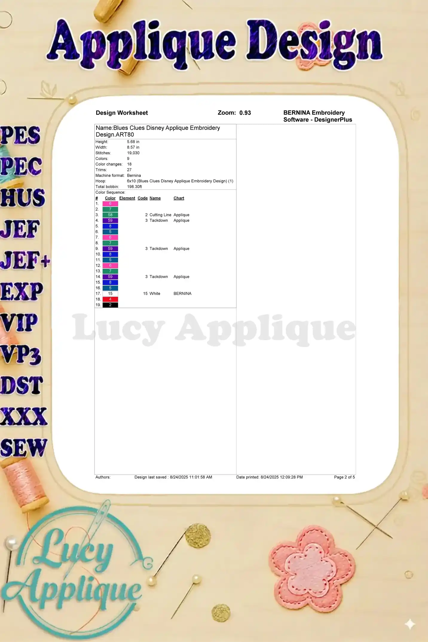 Design worksheet for the Blue's Clues Disney applique embroidery design, showing details like dimensions, stitches count, color chart, and software used.
