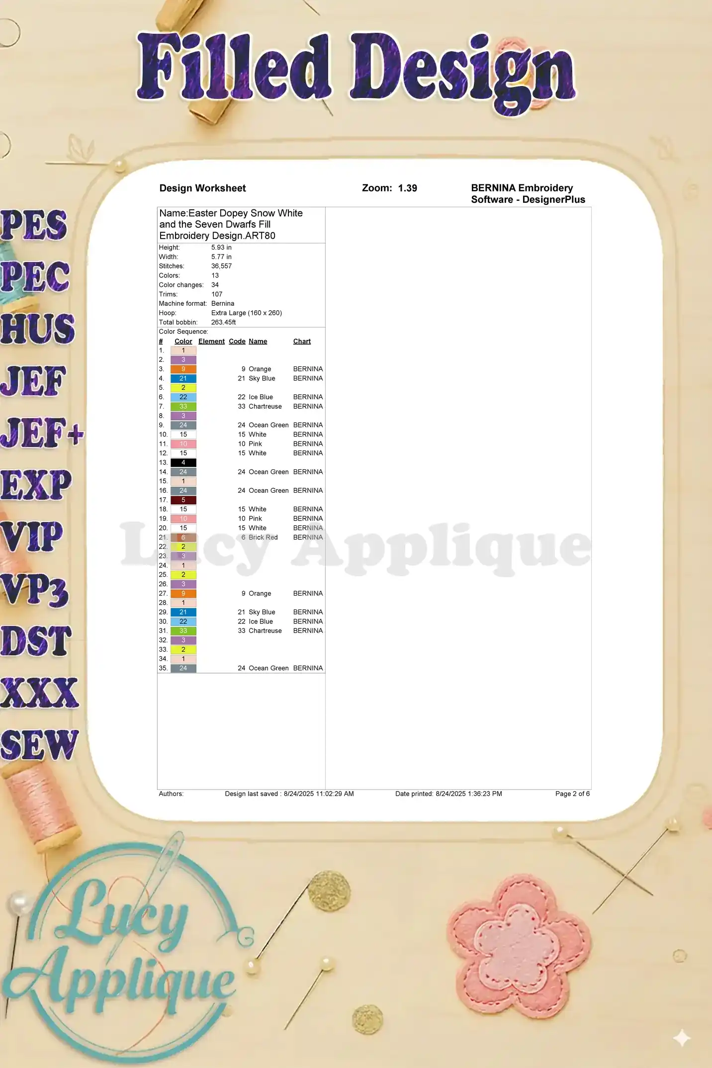 Worksheet showing color codes and names for the Dopey Easter embroidery design, using BERNINA software.