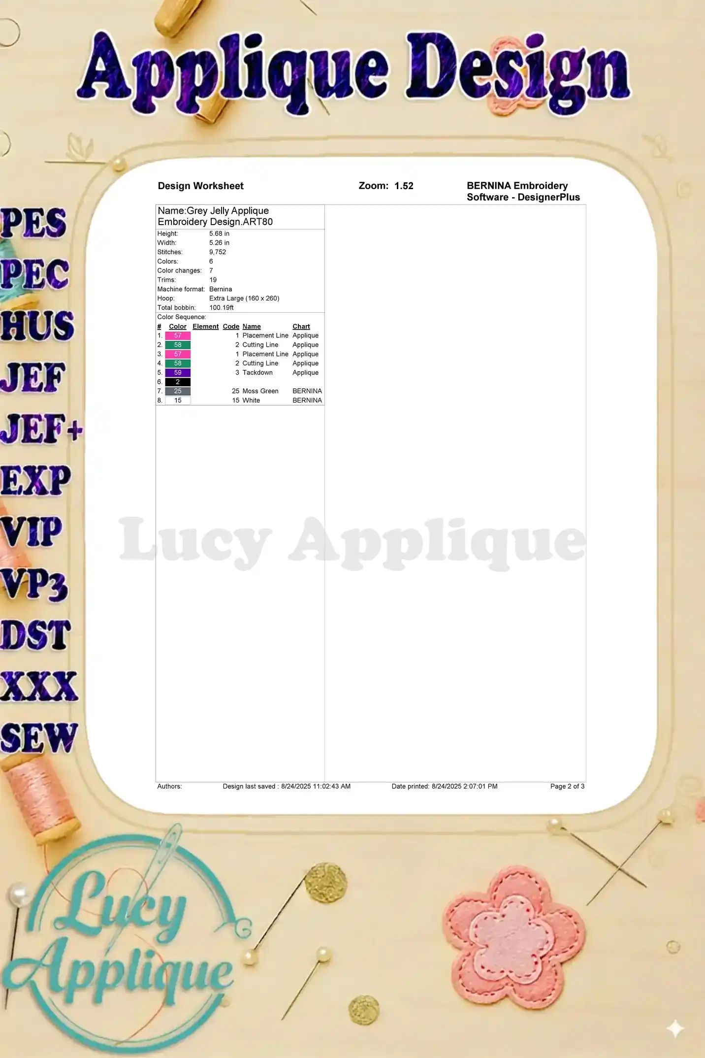 A detailed worksheet provides information on stitches, color changes, and placement guidelines for the Grey Jelly applique embroidery design.