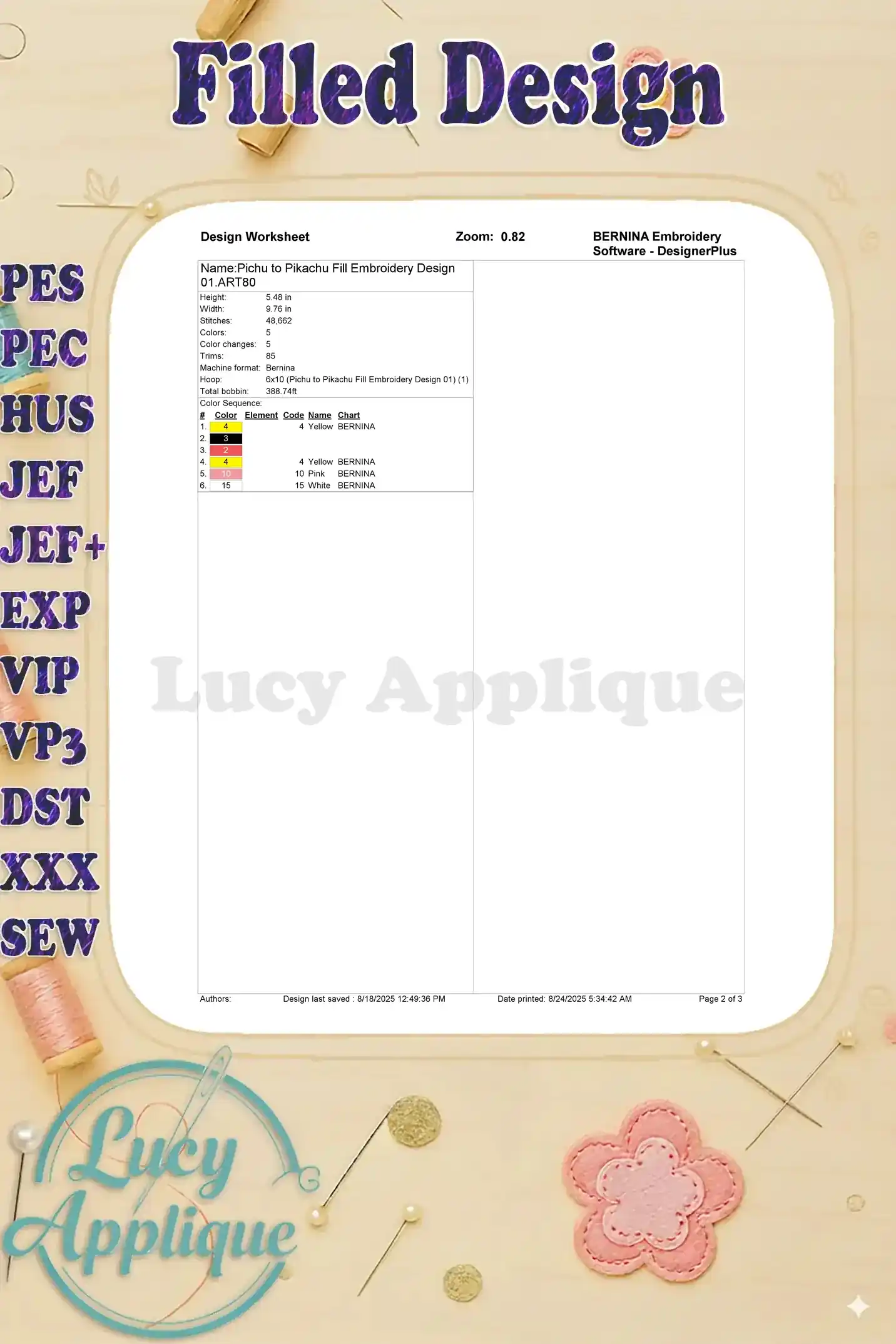 Worksheet for the Pichu and Pikachu filled embroidery design, showing details such as stitch count, color changes, and thread details.