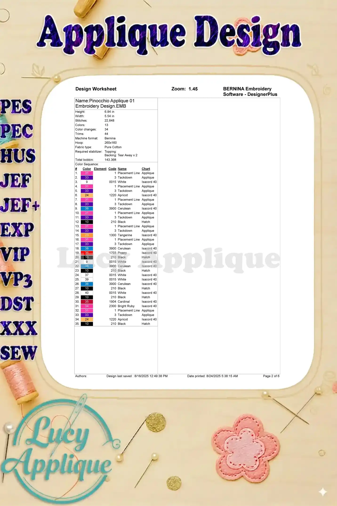 Design worksheet for the Pinocchio applique embroidery design, providing details such as stitch count, color changes, and material requirements.