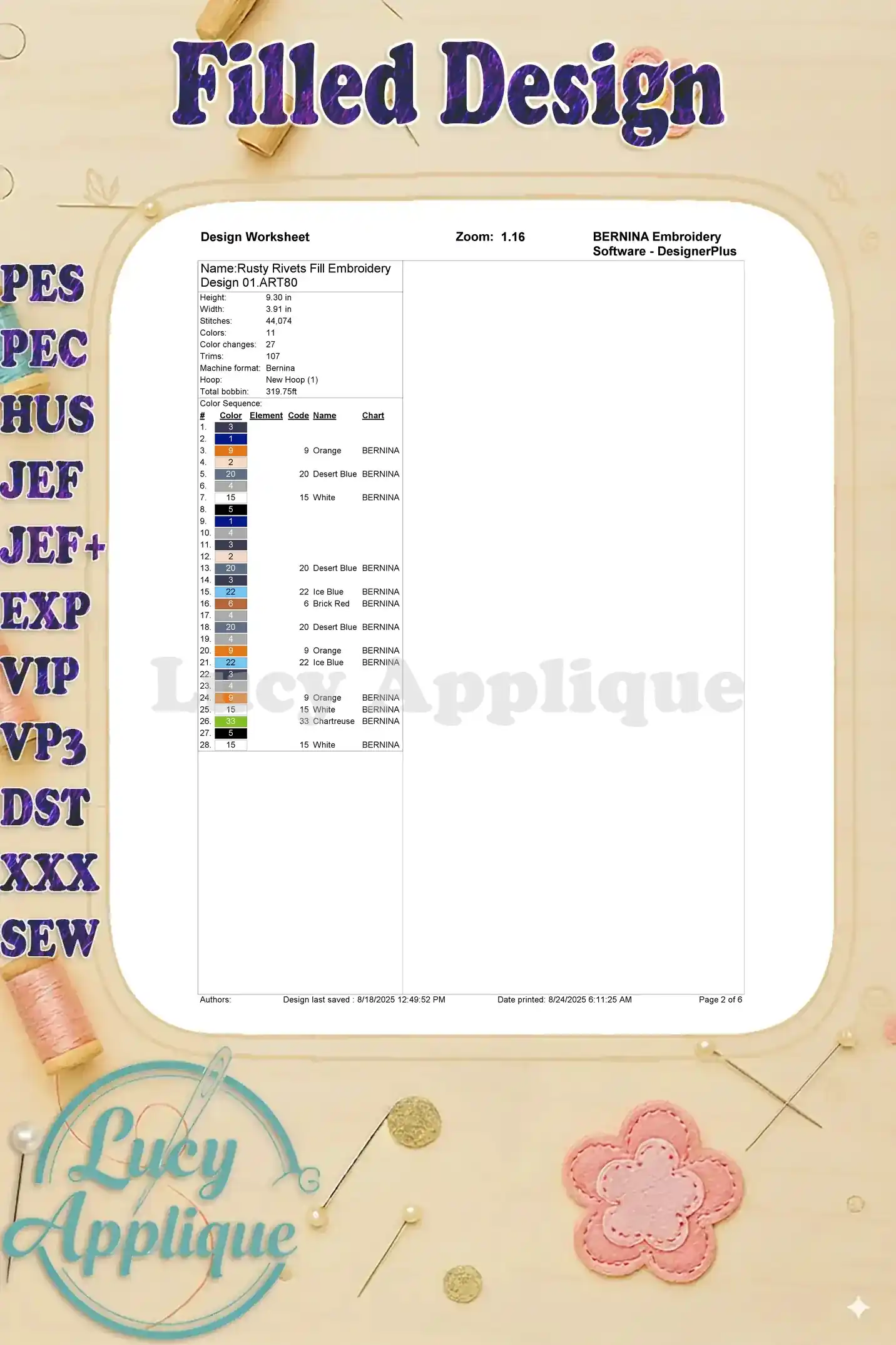 Design worksheet for the Rusty Rivets embroidery design, showing stitch count, color chart, and Bernina software details.
