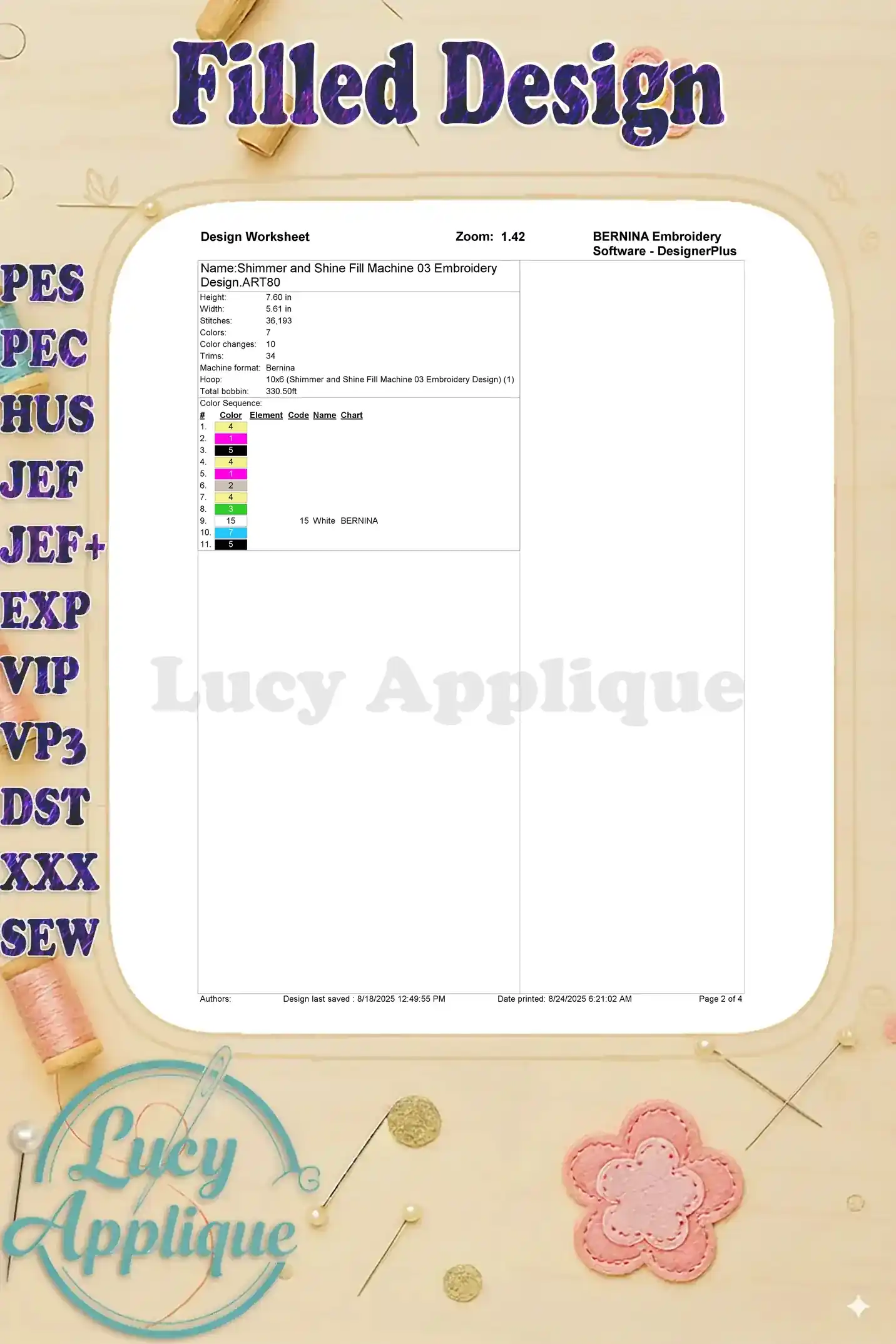A worksheet detailing the color chart and design information for the Shimmer and Shine filled machine embroidery design.