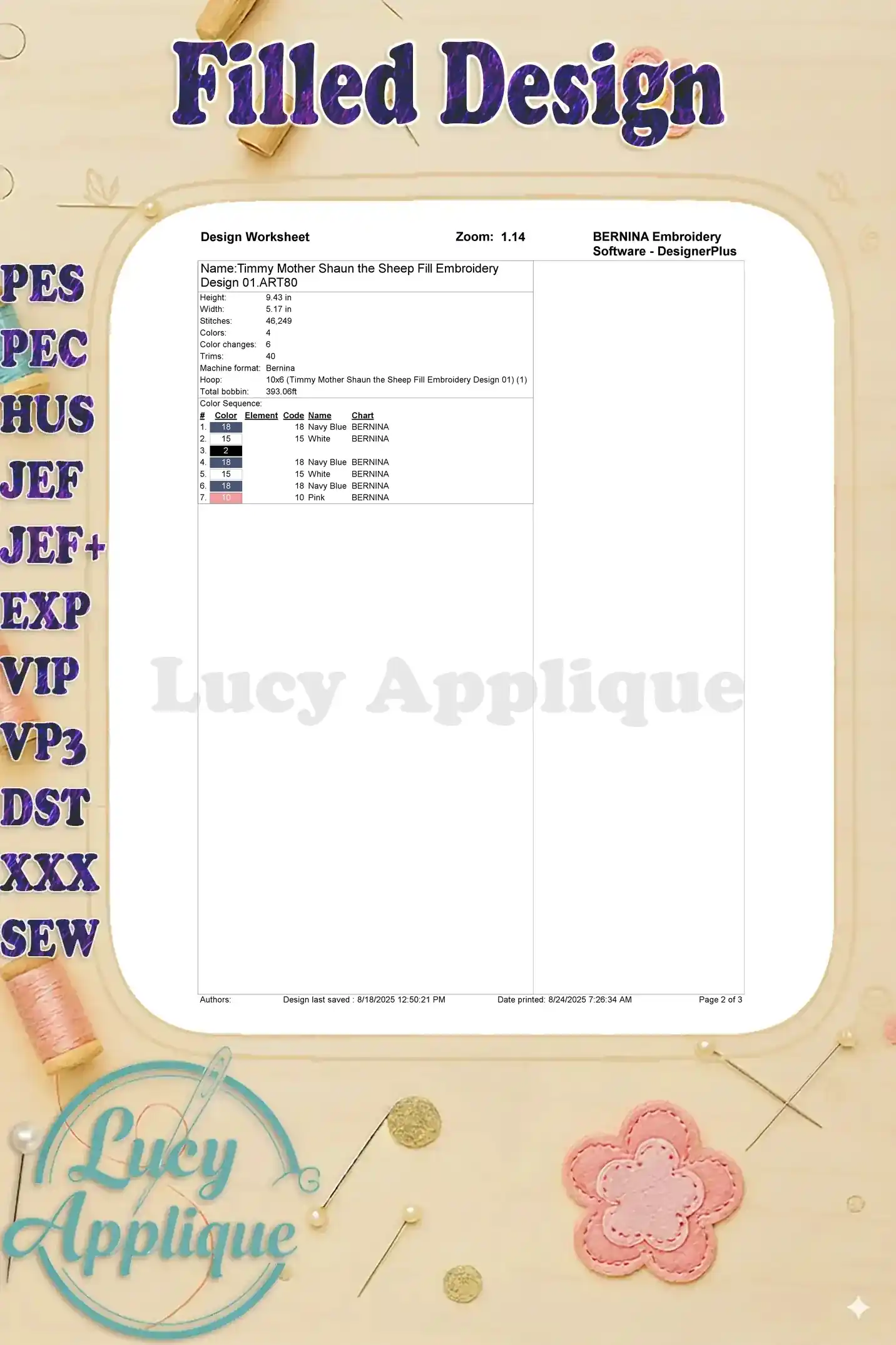 Design worksheet for the Timmy Mother Shaun the Sheep filled embroidery design, providing details like stitch count, color changes, and thread information.