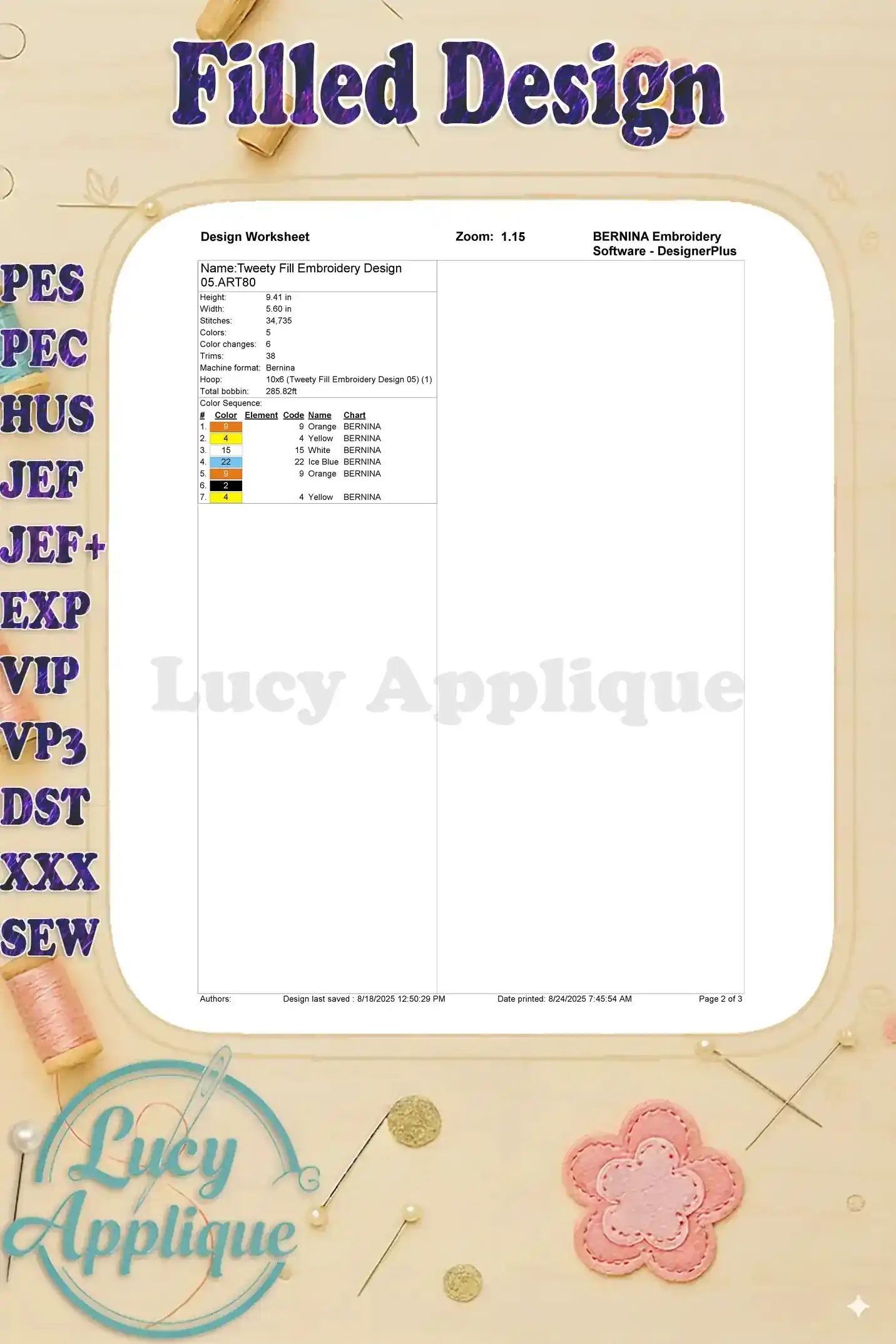 Design worksheet for Tweety Bird embroidery, showing details like stitch count, color changes, and thread information. It's a comprehensive guide for embroiderers.
