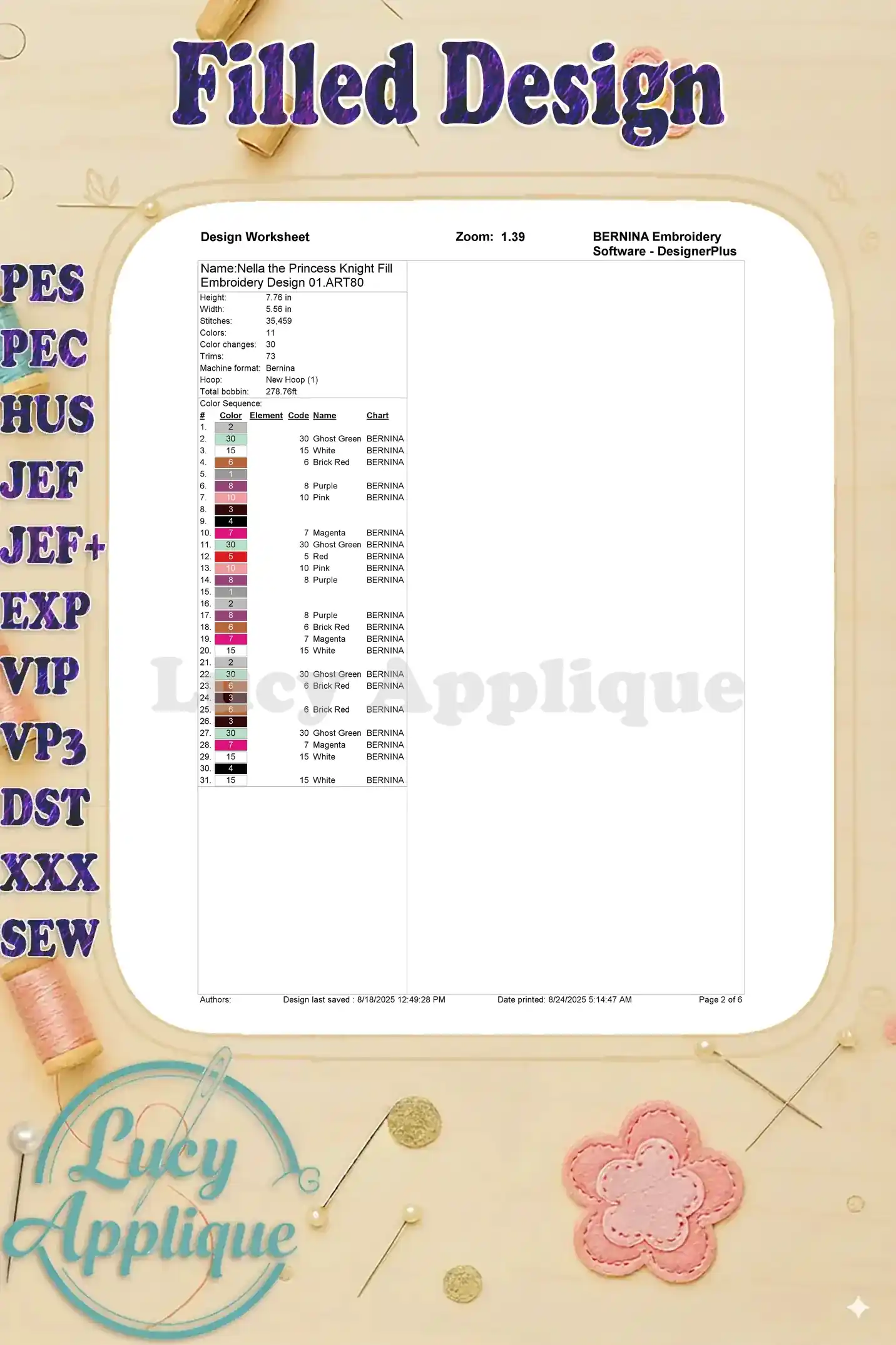 Design worksheet showing thread colors, stitch count, and other essential details for the Nella the Princess Knight embroidery design.