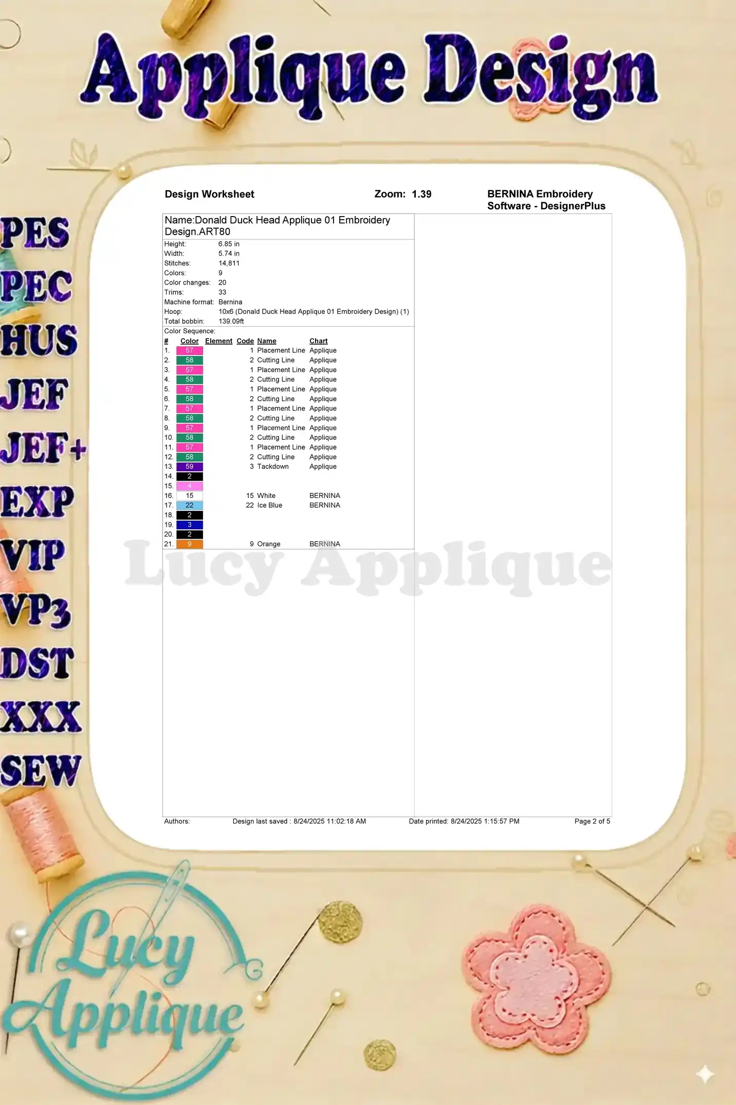 Design worksheet for Donald Duck head applique embroidery, showing stitch counts, color changes, and placement lines. Easy-to-read chart for seamless stitching.