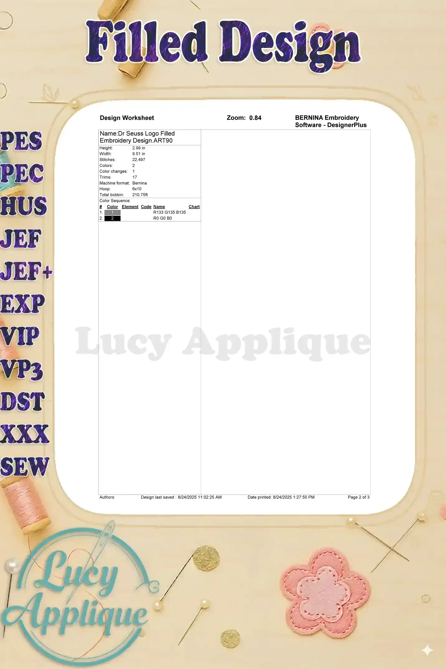 Design worksheet for the Dr. Seuss logo embroidery design, showing stitch count, color changes, and other essential details for successful embroidery.