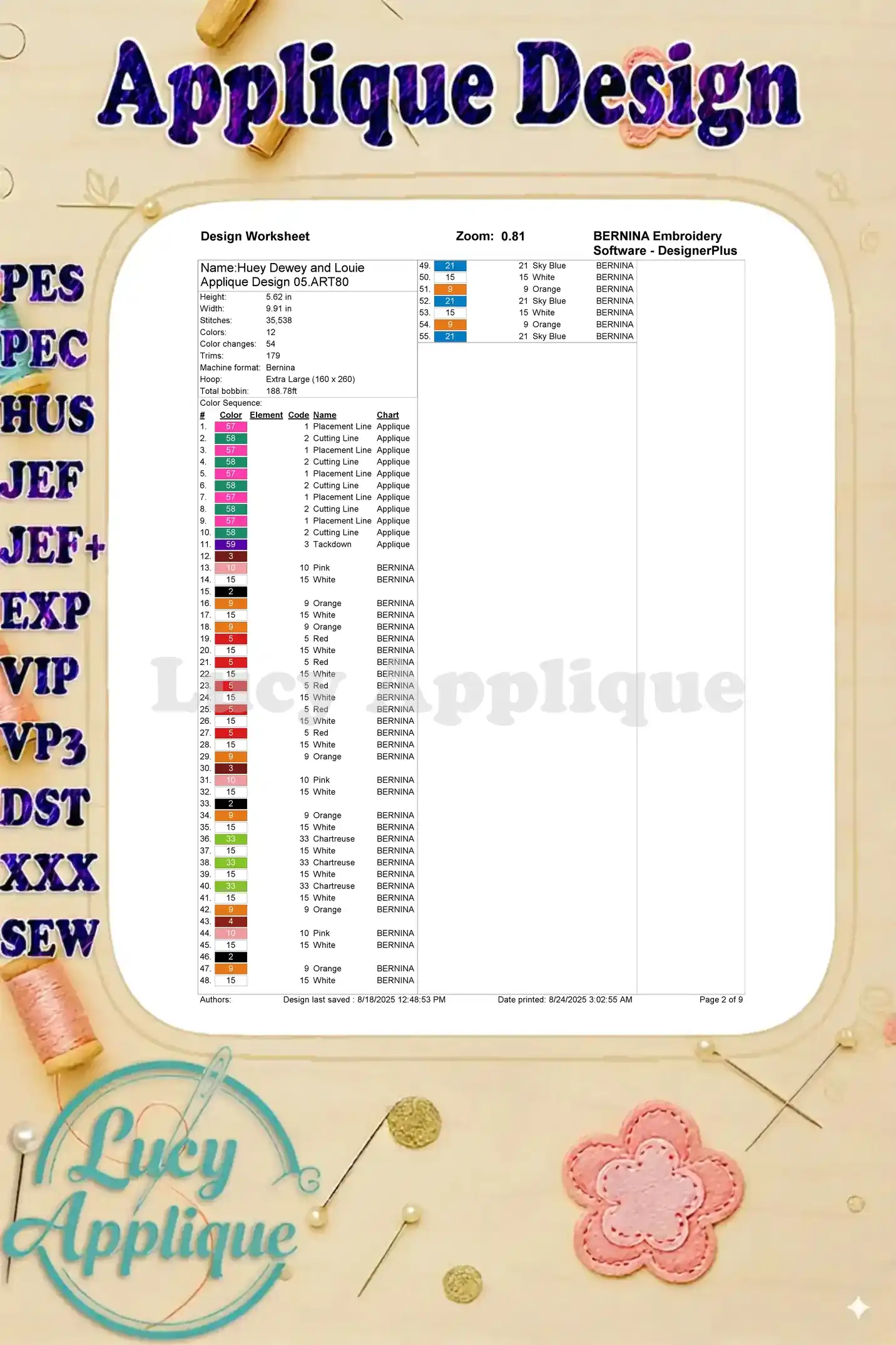 A detailed color worksheet for the Huey, Dewey, and Louie applique embroidery design, showing thread colors and placement instructions.
