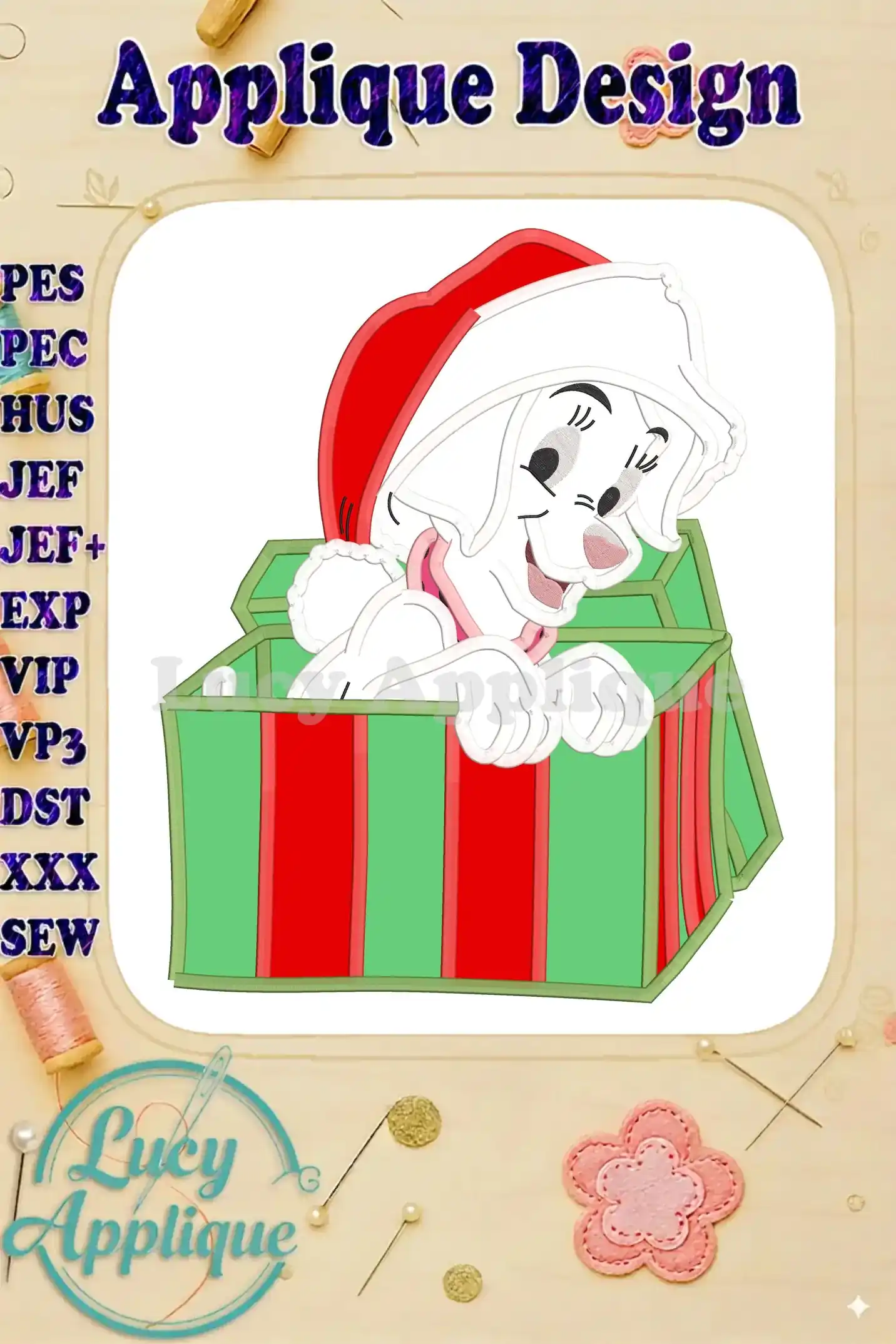 A charming Christmas applique design of a Dalmatian puppy wearing a Santa hat, peeking from a gift box. Perfect for festive sewing projects!