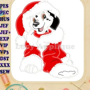Adorable applique design of a Dalmatian puppy wearing a Santa hat and outfit. The design is shown on a white background with various embroidery file formats listed.