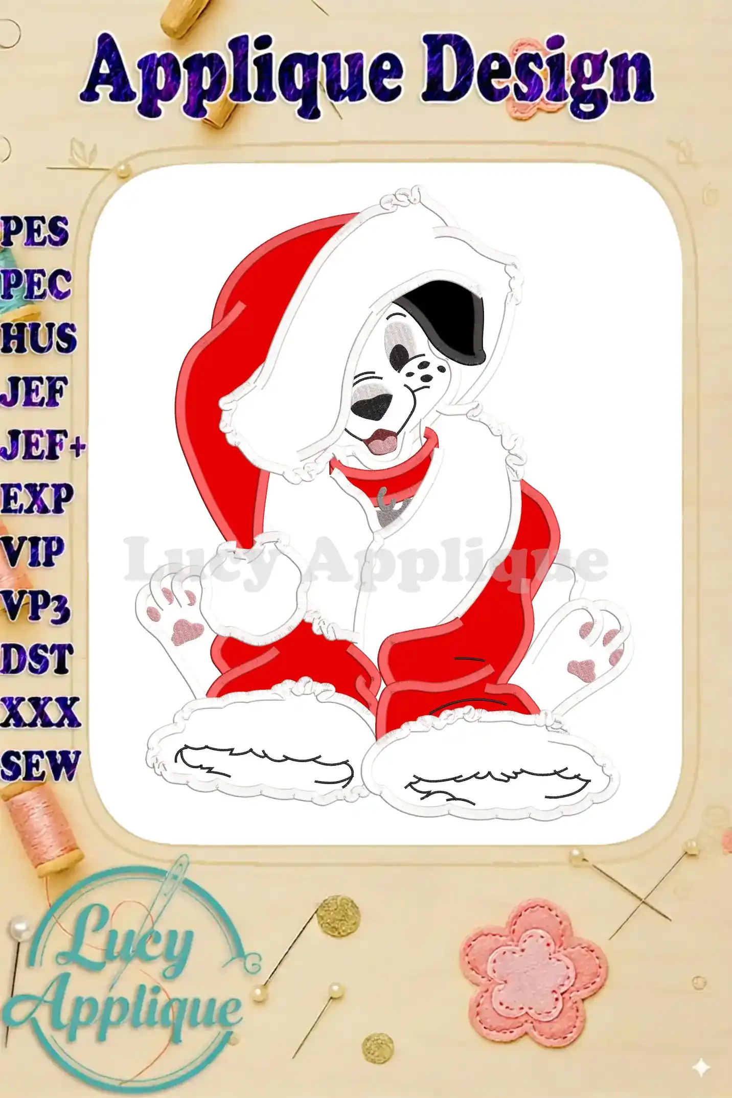 Adorable Dalmatian puppy wearing a Santa hat and outfit, perfect for Christmas! Applique design in various formats. High-quality embroidery pattern for your sewing projects.