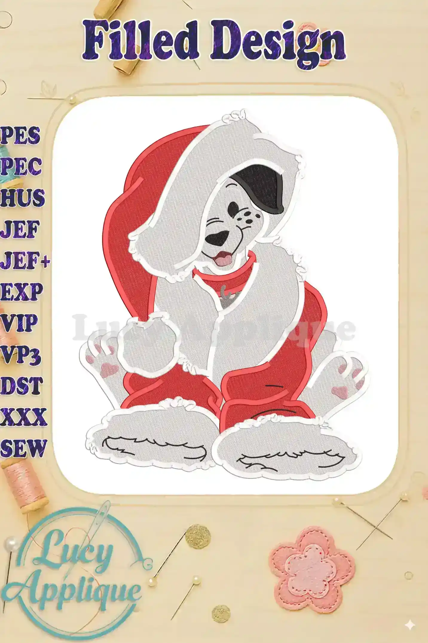 Embroidery design of a Dalmatian puppy wearing a Santa hat and suit. The design is filled and ready to stitch. Perfect for Christmas projects!