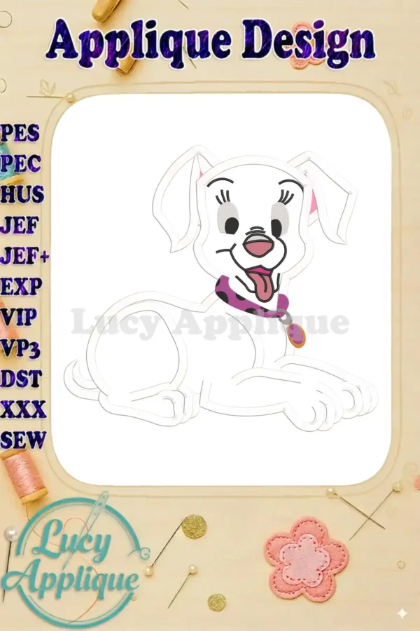 Adorable applique design of a 101 Dalmatians puppy, lying down with a pink collar, ready to be stitched. Includes various machine formats.