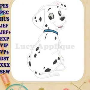 Adorable applique design of a 101 Dalmatians puppy, sitting and facing away from the viewer. The design is simple yet charming, perfect for adding a touch of Disney magic to your projects.