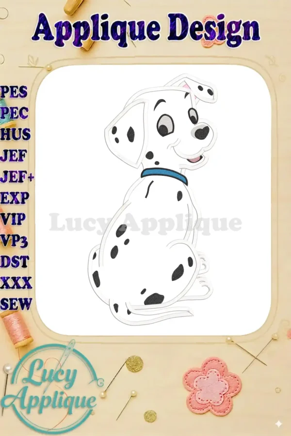 Adorable applique design of a 101 Dalmatians puppy, sitting and facing away from the viewer. The design is simple yet charming, perfect for adding a touch of Disney magic to your projects.