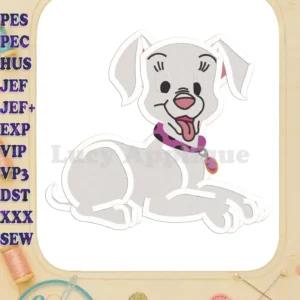 Adorable filled embroidery design of a Dalmatian puppy from 101 Dalmatians, lying down with a pink collar and tongue out. Perfect for adding Disney charm to your projects!