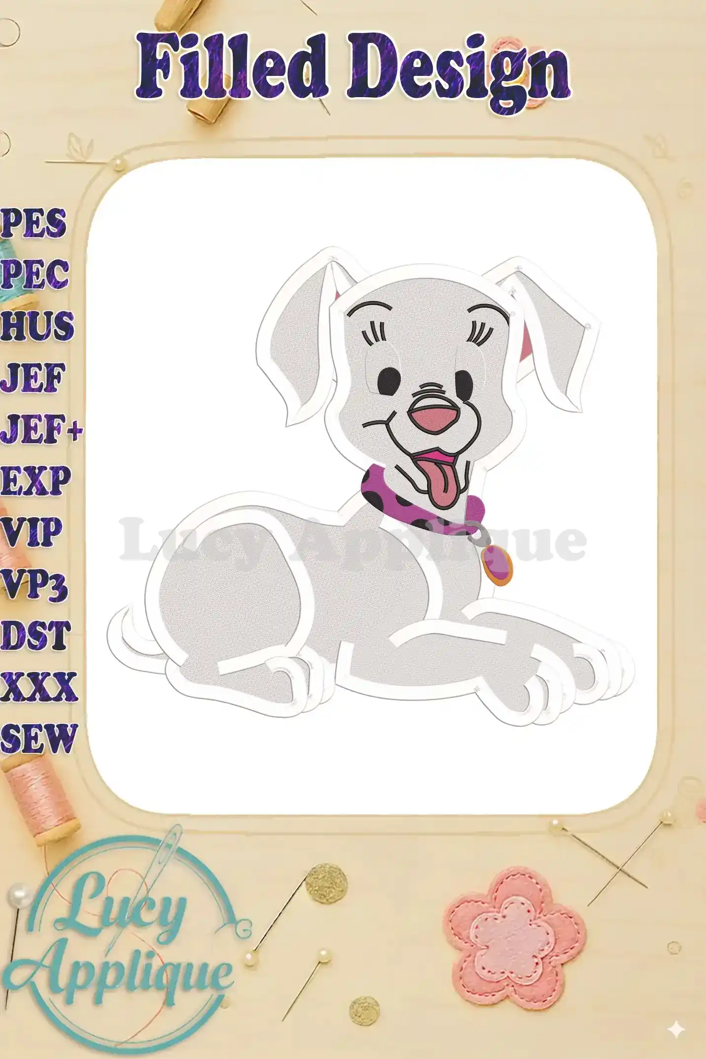 Adorable filled embroidery design of a Dalmatian puppy from 101 Dalmatians, lying down with a pink collar and tongue out. Perfect for adding Disney charm to your projects!