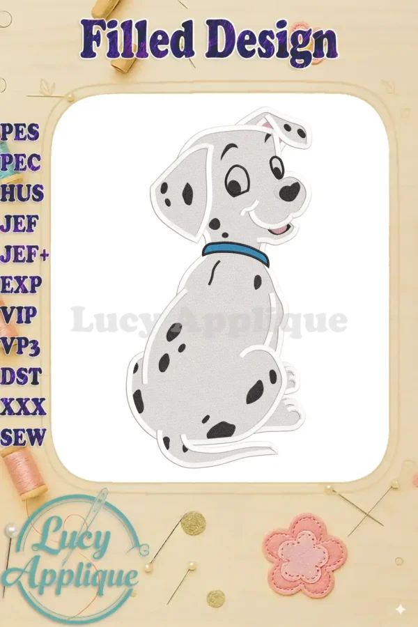 Adorable filled embroidery design of a 101 Dalmatians puppy, sitting and facing right, with a blue collar. Perfect for adding to clothes or creating patches.