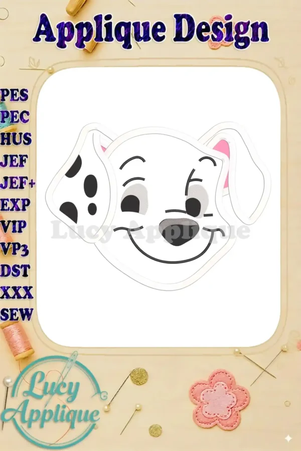 Embroidery design of a Dalmatian puppy's head, in applique style. The design is simple, charming, and perfect for various projects.