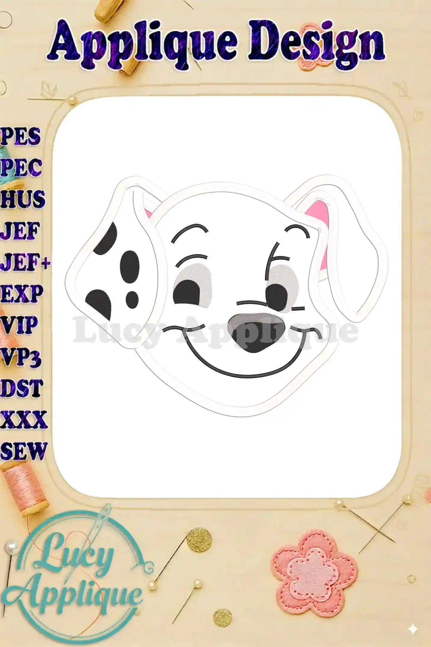 Embroidery design of a Dalmatian puppy's head, in applique style. The design is simple, charming, and perfect for various projects.