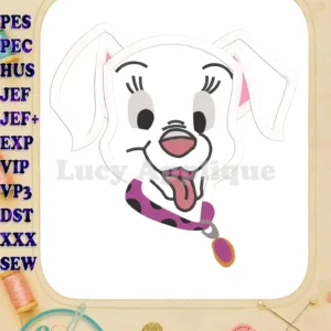 Adorable applique design of a 101 Dalmatians puppy's head, showcasing its charming features and purple collar. Perfect for embroidery projects.