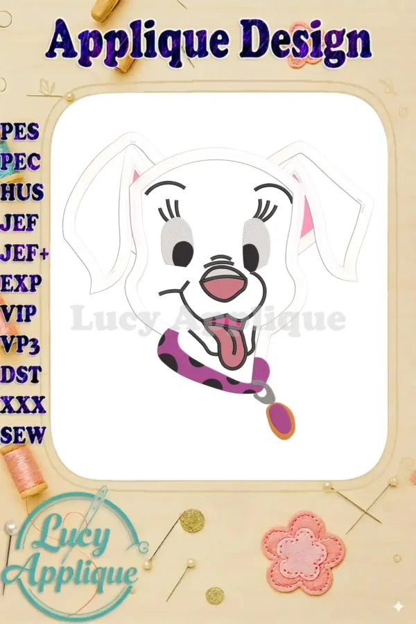 Adorable applique design of a 101 Dalmatians puppy's head, showcasing its charming features and purple collar. Perfect for embroidery projects.