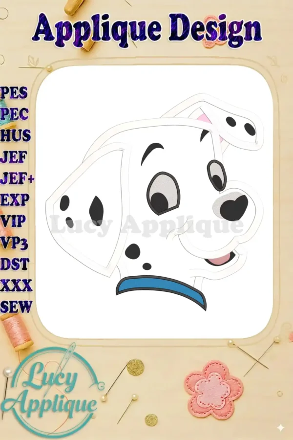 Embroidery design of a 101 Dalmatians puppy's head, ready to be stitched. The image showcases the applique design's outline and details.