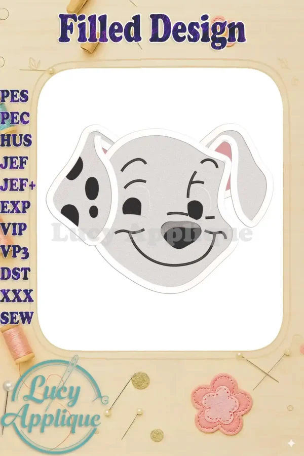 Embroidery design of a Dalmatian puppy's head, filled stitch style. Perfect for creating cute patches, appliques, or adding to clothing.