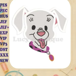 Embroidery design of a Dalmatian puppy head with filled stitches. The puppy has a playful expression and wears a purple collar. Perfect for adding a cute touch to any project.