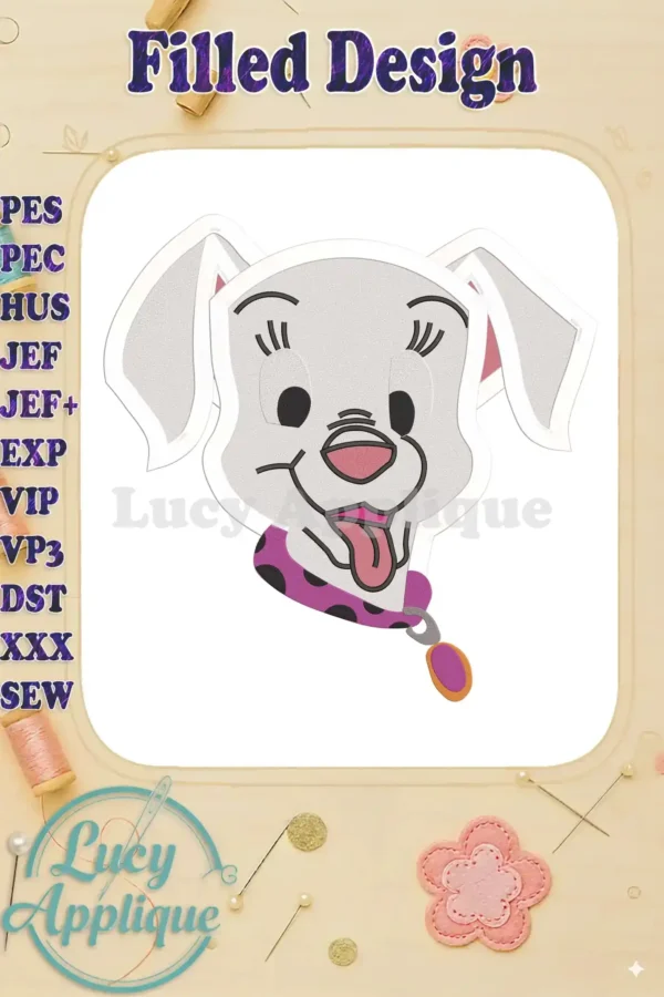 Embroidery design of a Dalmatian puppy head with filled stitches. The puppy has a playful expression and wears a purple collar. Perfect for adding a cute touch to any project.
