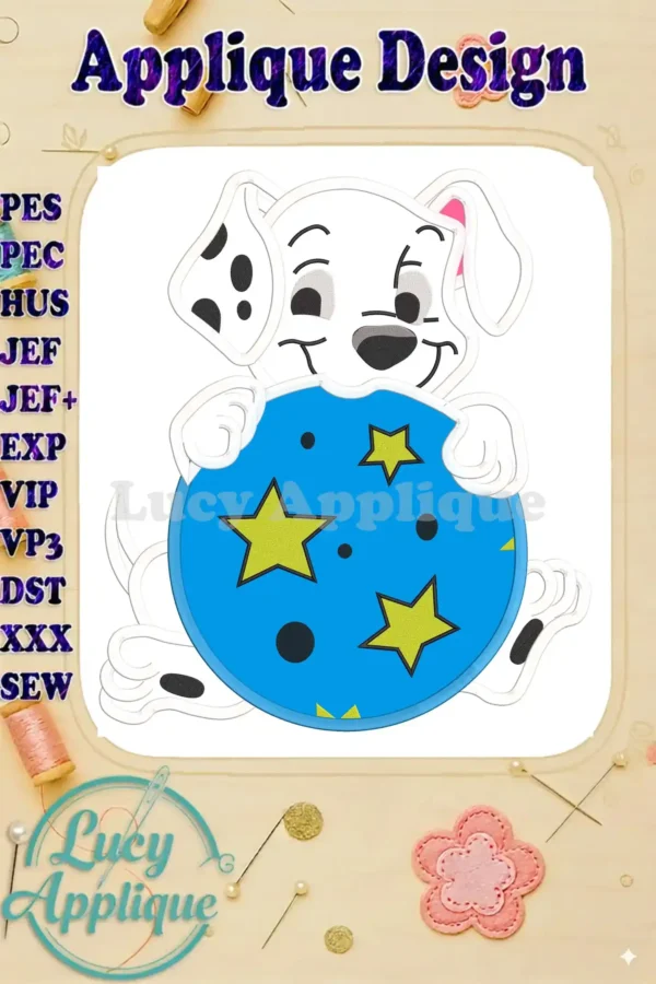 Adorable applique design of a Dalmatian puppy playing with a star-studded ball. The design is presented on a white background with various file format options listed.