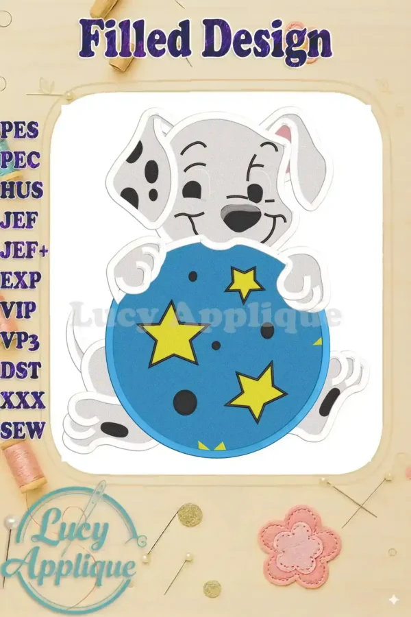 Embroidery design of a 101 Dalmatians puppy holding a ball. The design is filled and features vibrant colors. Perfect for adding a playful touch to your projects.