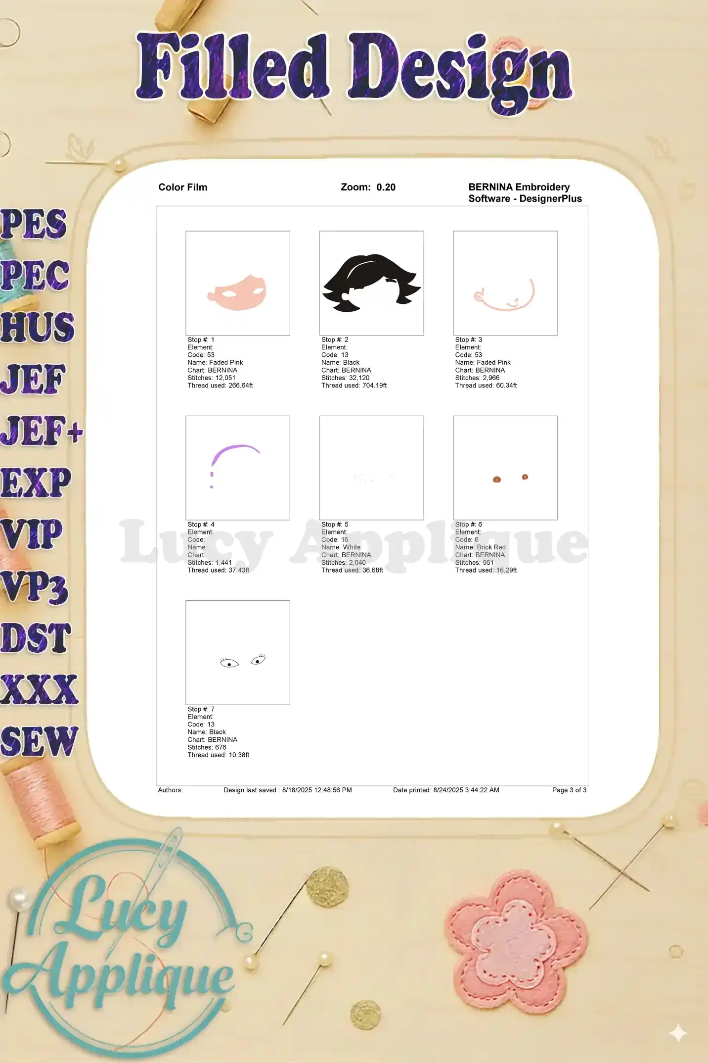 Color film for the Little Einsteins June Head embroidery design. Shows thread colors and their corresponding numbers for each step in the embroidery process.