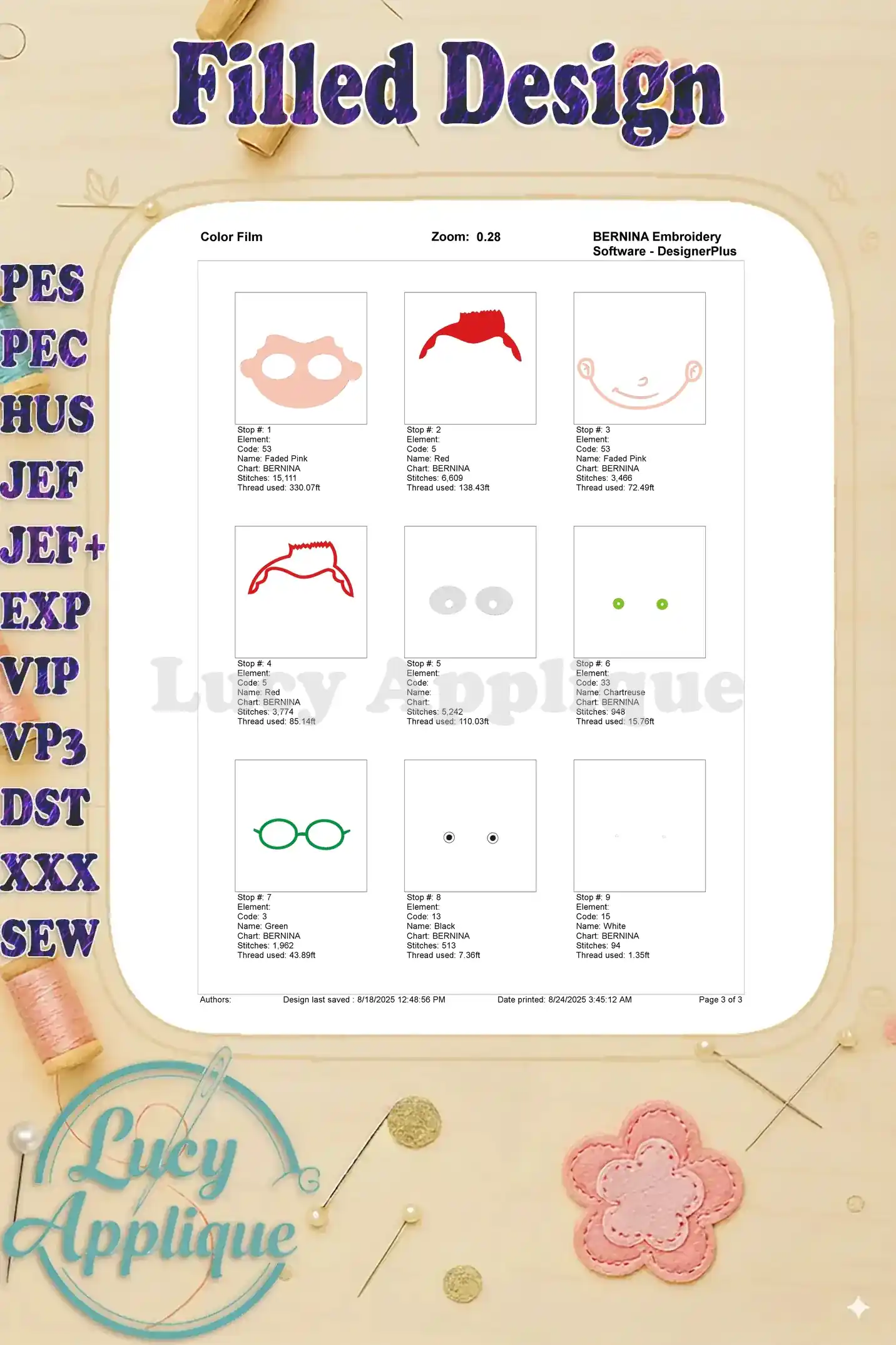 Color film for the Leo embroidery design, illustrating each color step with thread numbers and names. Useful for accurate color matching.