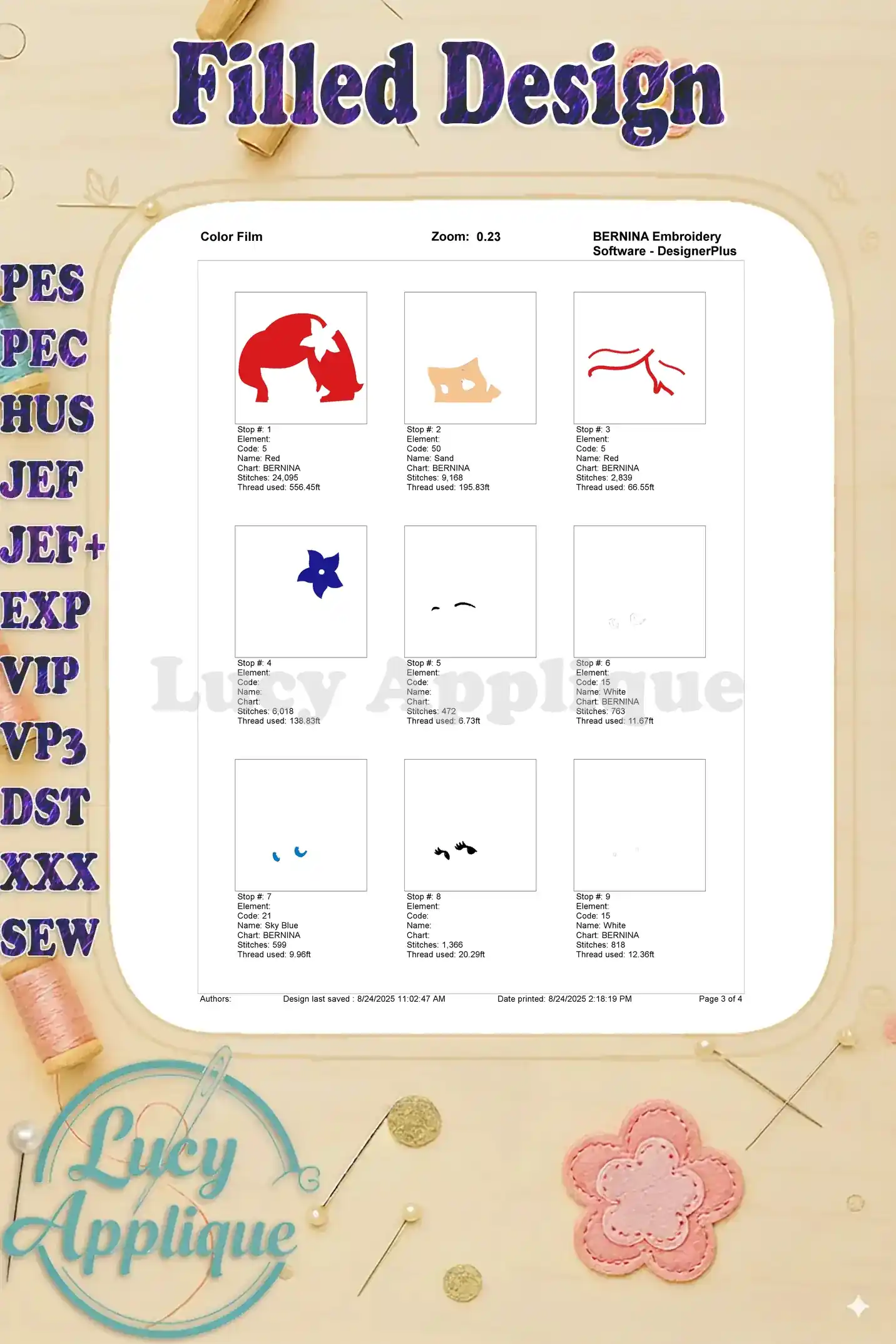 A color film showing the step-by-step process of embroidering Ariel, with each step clearly illustrated with thread colors and stitch details.