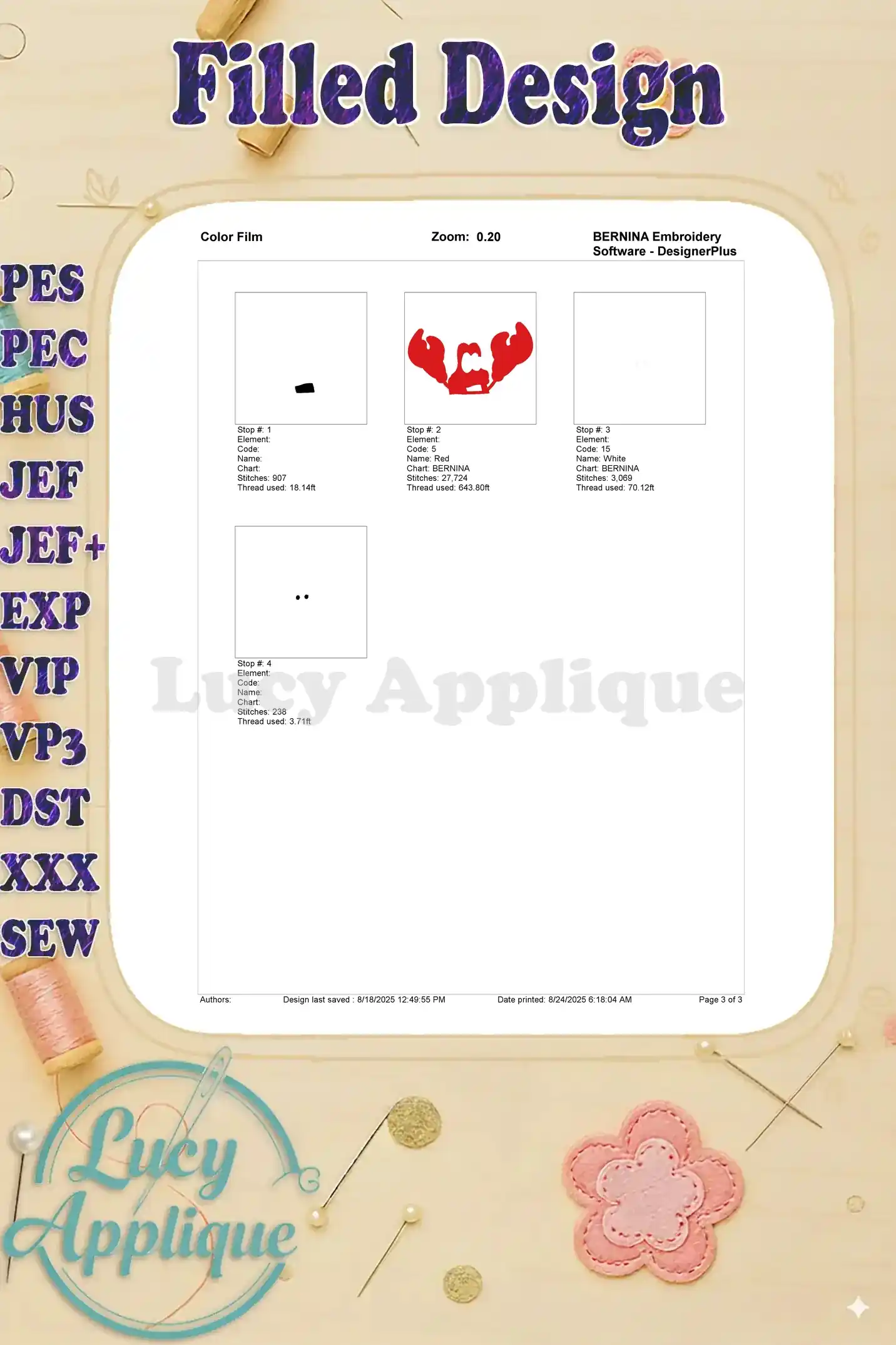 Color film showing the thread colors and their usage steps for embroidering Sebastian the crab. Instructions for each color step are included.