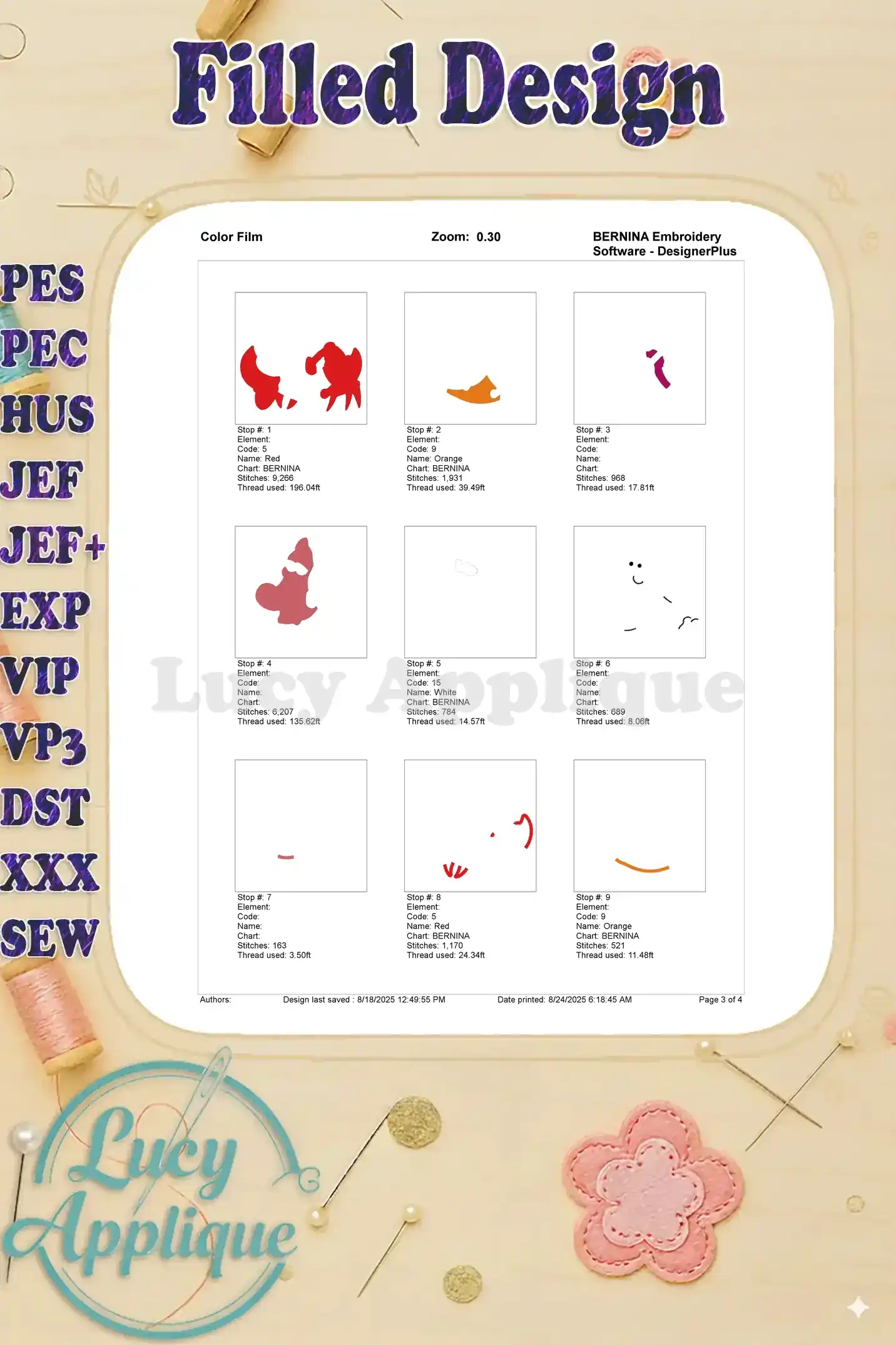 Color film showing different steps involved in embroidering Sebastian. Each step displays the color used and the thread count for accurate stitching.