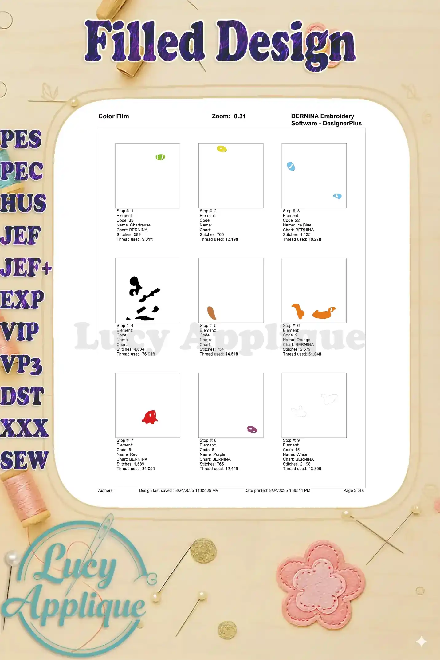 A color film showing the thread colors used in the Easter Eggs Mickey Mouse Fill Embroidery Design. Each color is clearly labeled with its name and code, making it easy to identify and match.