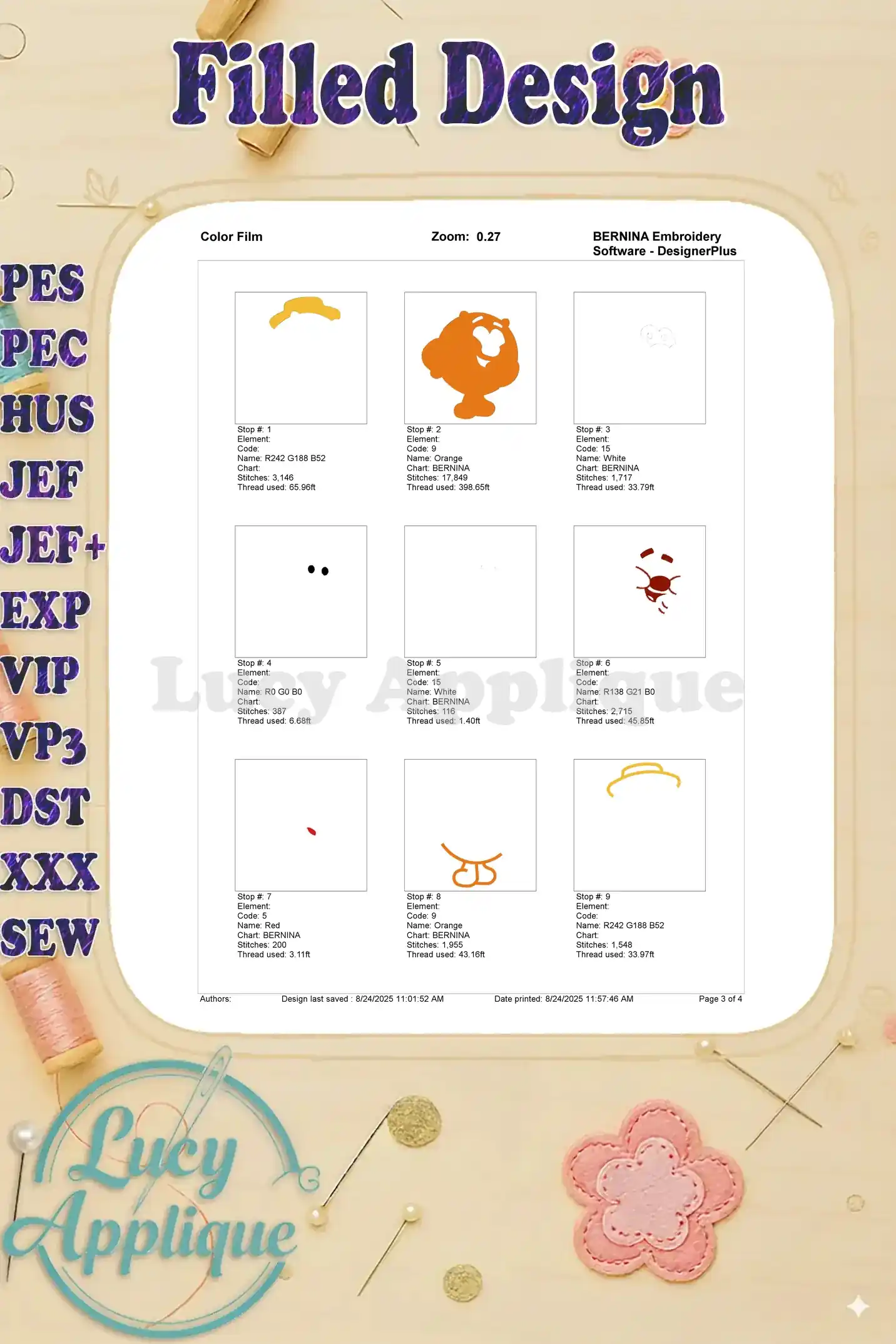 Color film for the Bear embroidery design, showing thread colors and placement for each step of the embroidery process.