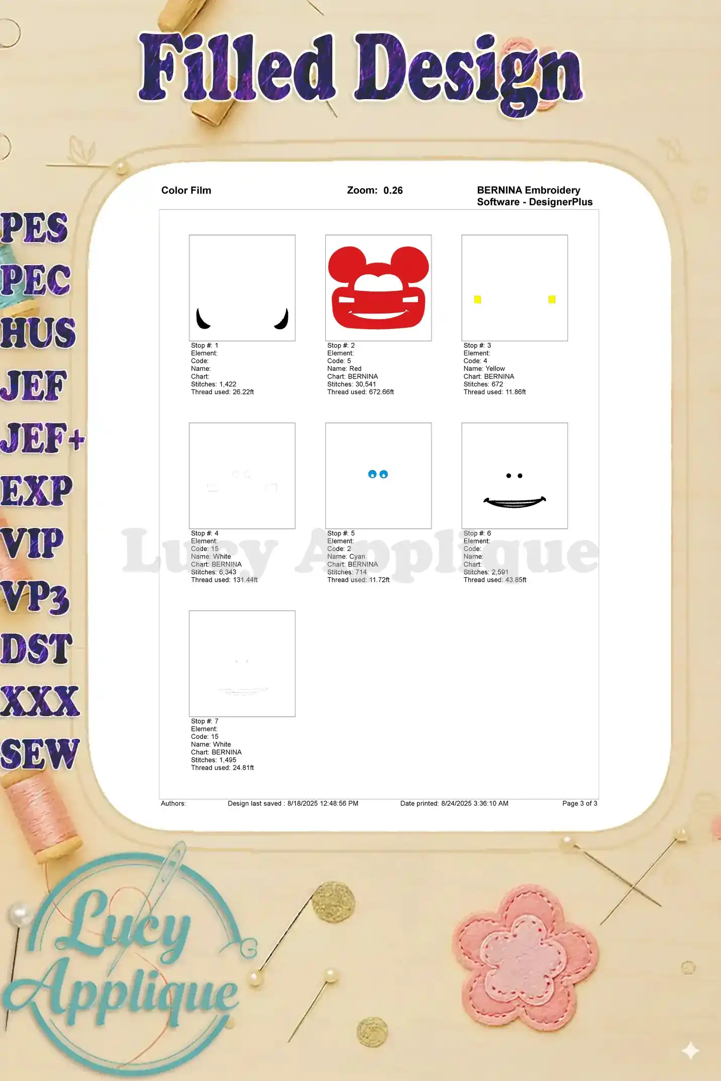 Color film showing the thread usage for each step of the Lightning McQueen Mickey Mouse embroidery design. A helpful guide for selecting the right threads.